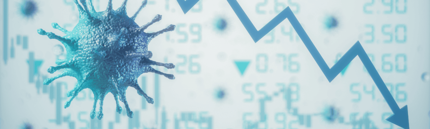 Illustration of a virus particle next to a downward trending stock market graph, symbolizing economic decline during a health crisis.