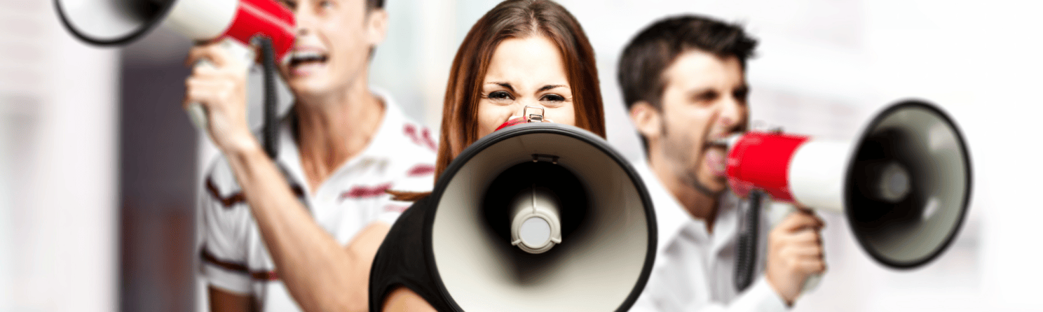 Two men and a woman in the middle, holding megaphones symbolizing human resource issues.