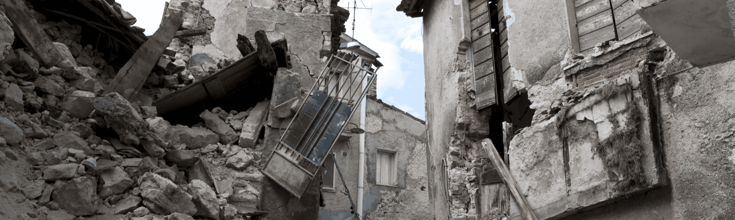 Buildings demolished or destroyed from earthquake.