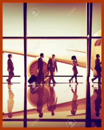 People arriving or departing at the airport with a plane in the background.