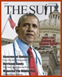 Picture of the cover of The Suit where Barack Obama is on the cover and a flag of USA